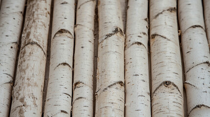 A close-up view of stacked birch wood logs, showcasing their light-colored bark and distinctive texture.