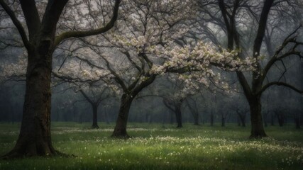 Obraz premium A serene forest scene with blooming trees and a grassy meadow, evoking tranquility and natural beauty.