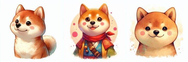 Fototapeta premium Collection of Adorable Shiba Inu Characters in Watercolor Style Artwork