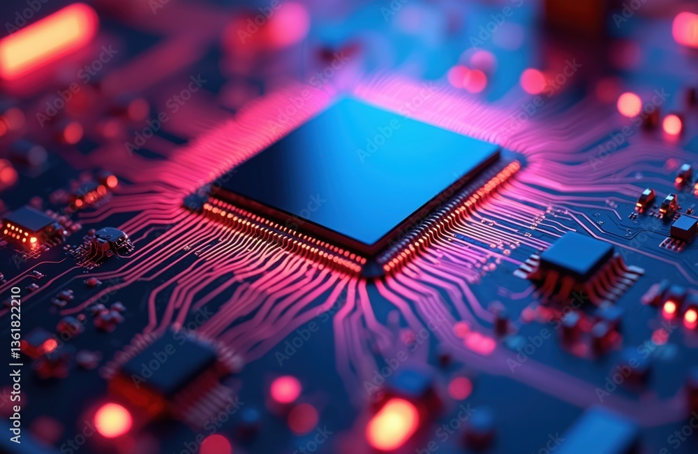 Poster close-up of computer processor chip. printed circuit board with neon light effects, electric connect