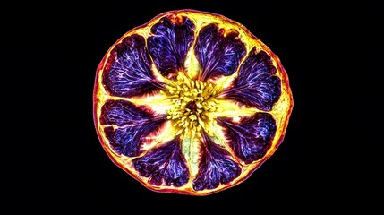 A vividly colored cross section of a circular fruit shown