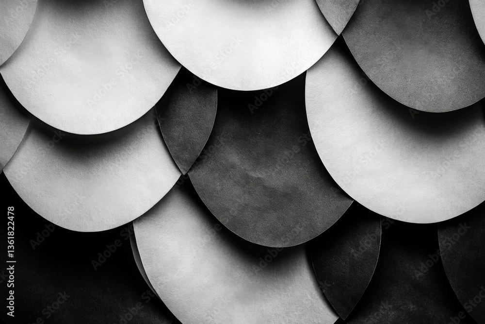 Poster Detailed layers of circular paper shapes in shades of black and white create a striking visual texture in an artistic composition