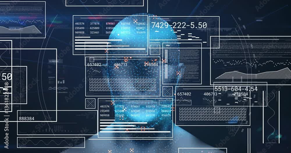 Poster animation of digital face with data overlay, representing artificial intelligence concepts