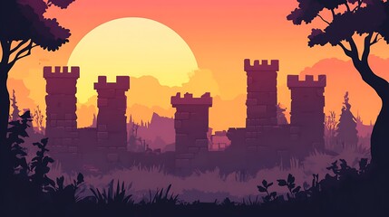 Cartoon sunset landscape with castle silhouettes in a field, beautiful, peaceful, forest