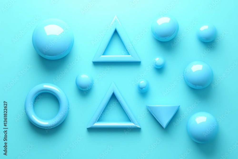 Poster Colorful geometric shapes arranged on a bright blue background create a visually appealing composition for design inspiration