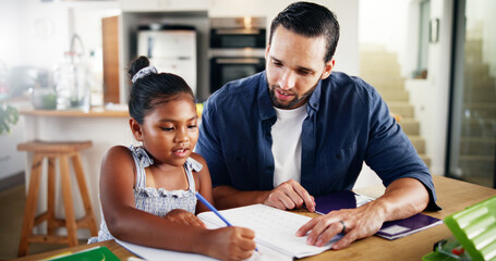Father, girl and homework with book on table for learning assessment, knowledge and support in education. Happy, family and man with child in house for development, homeschool and help with studying