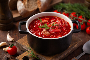 borscht. soup with beetroot, meat and vegetables