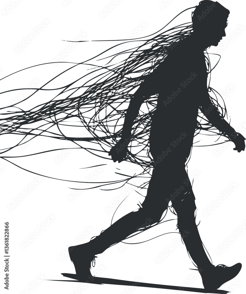 Poster silhouette of a man walking with flowing lines for dynamic design concepts.
