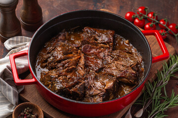braised beef, slow cooked meat stew