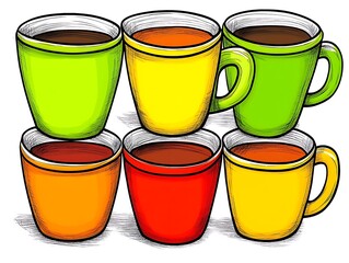 Colorful mugs of coffee and tea.
