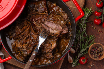 braised beef, slow cooked meat stew