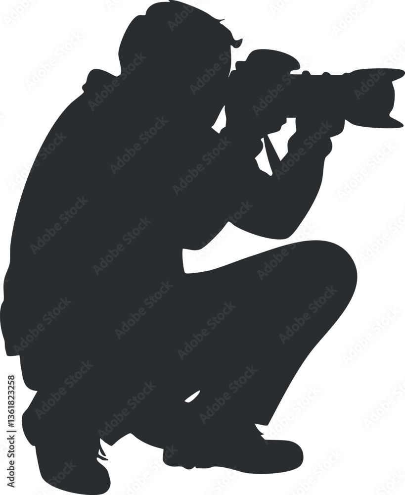 Poster silhouette of a crouching photographer with a camera for creative design projects.