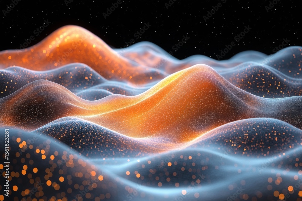 Poster Dynamic waves of orange and blue particles creating an abstract landscape in a dark environment during a serene moment