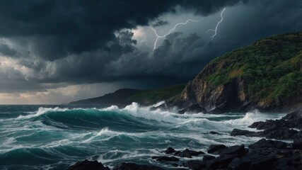 Fototapeta premium A dramatic coastal scene with stormy skies, lightning, and turbulent waves crashing against rocky shores.
