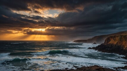 Obraz premium A dramatic coastal sunset with dark clouds and sunlight breaking through, illuminating the ocean waves.