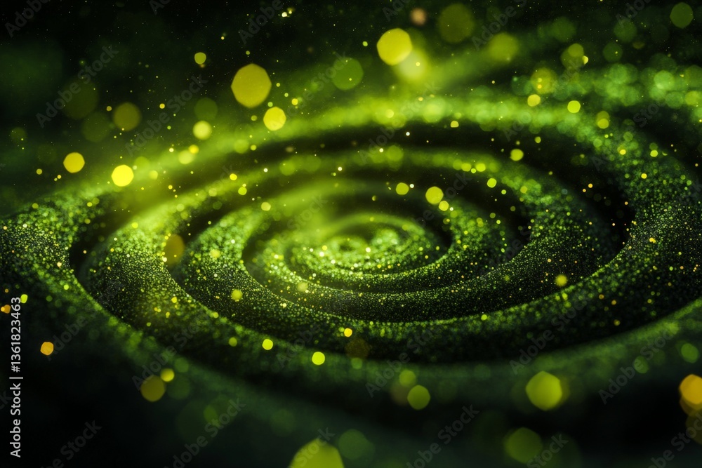 Poster Glowing green spiral pattern with sparkling particles creating a mesmerizing visual effect of light and motion