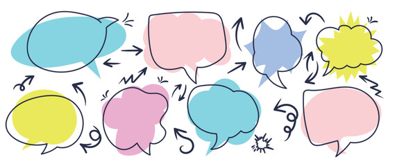 Set of doodle and speech bubble vector. Collection of contemporary figure, speech bubble, arrow, sparkle, crown. Chat design element perfect for banner, print, sticker, cartoon, comic.