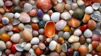 A vibrant collection of seashells spread out, showcasing diverse shapes and colors, creating a striking and colorful mosaic pattern.