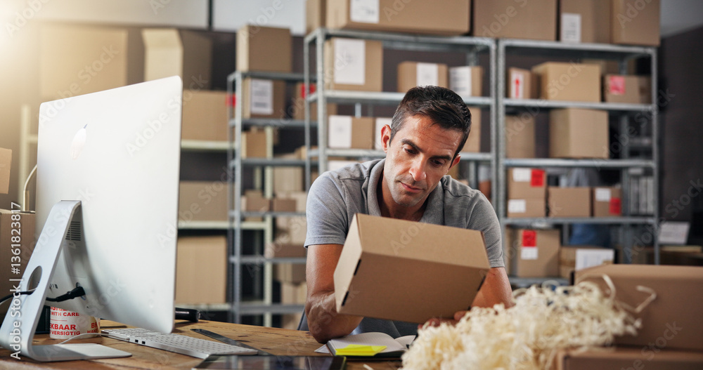 Poster box, computer and supply chain with courier man in distribution center for export or import. inspect