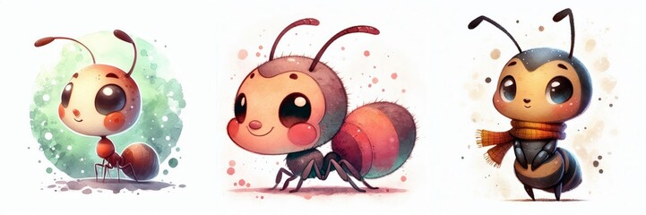 Obraz premium Charming Watercolor Trio: Cute and Whimsical Ant Characters Illustration Set