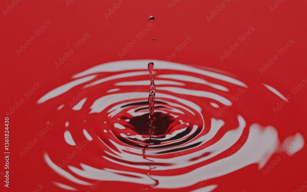 Poster close-up view of a single drop of dark liquid impacting a red surface, creating concentric ripples. 