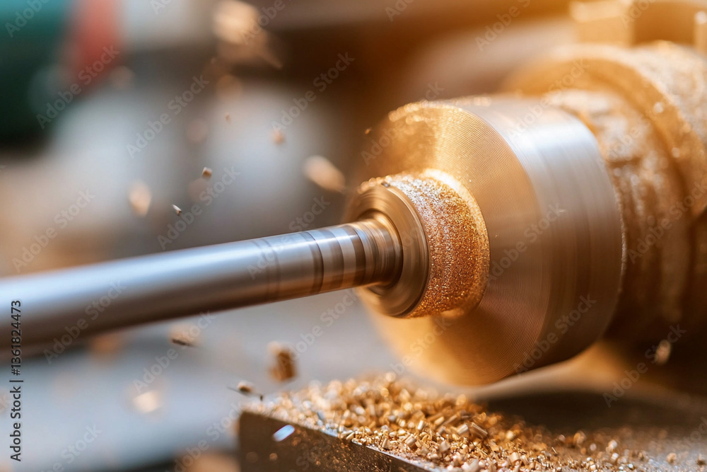 Poster close-up view of a lathe machine shaping metal with precision during daytime in a workshop environme