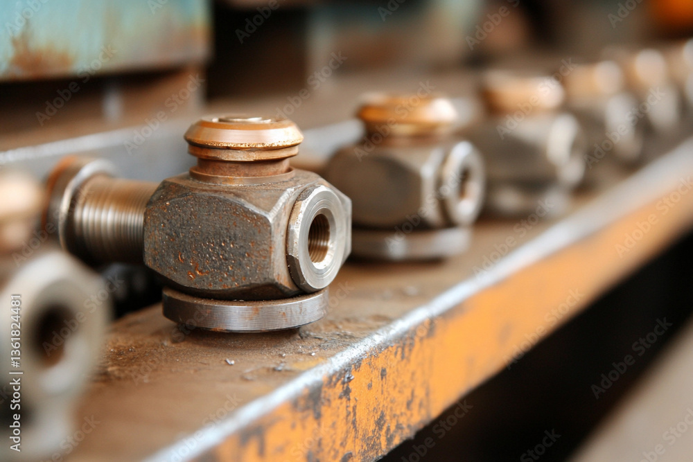 Poster close-up view of lathe machine shaping metal components in an industrial workshop during the daytime