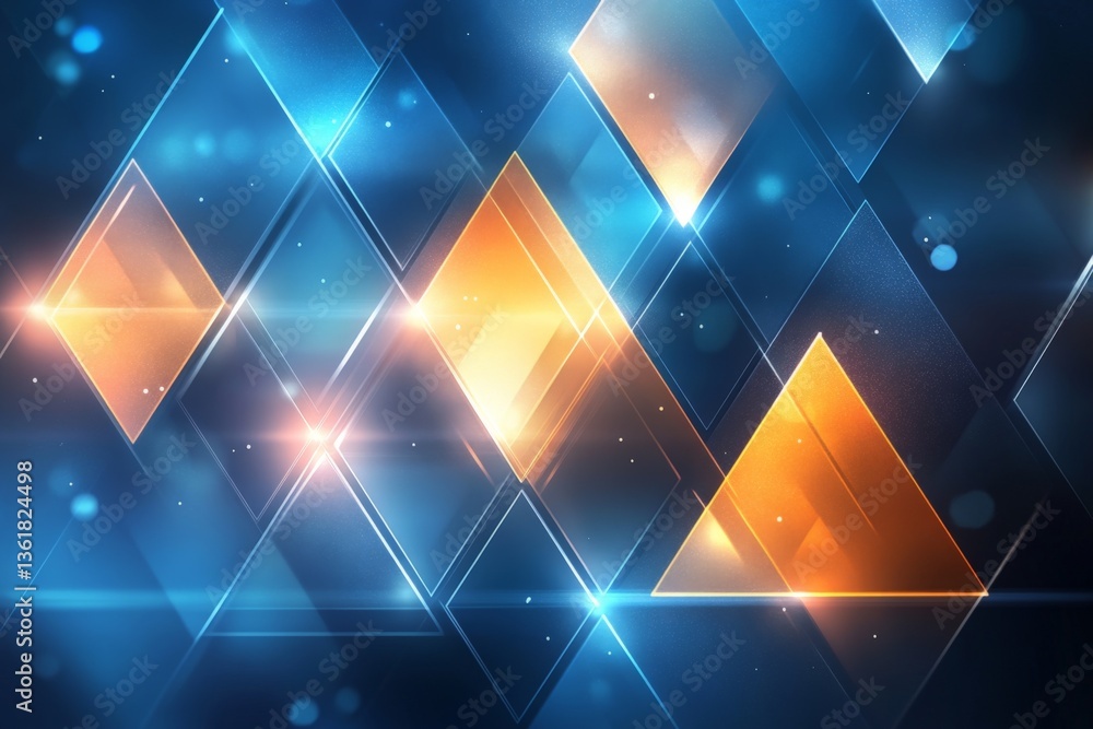 Poster Vibrant geometric pattern of diamonds and triangles illuminated by bright lights in a digital abstract design