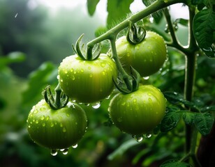 green tomato in the garden, in the raining day