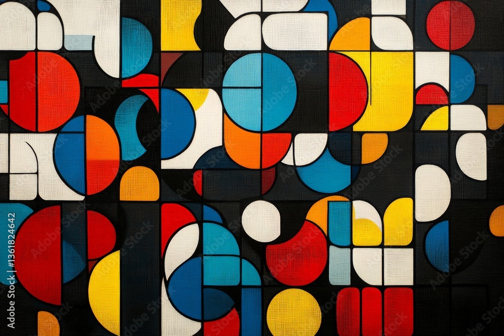 Poster colorful abstract geometric art featuring circles and blocks in vibrant hues highlighting creativity