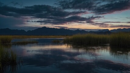 Obraz premium A serene landscape at dusk, featuring calm water, grasslands, and distant mountains under a colorful sky.