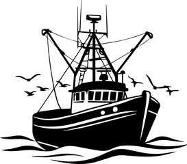 Black and White Fishing Vessel Illustration – Vintage Marine Silhouette