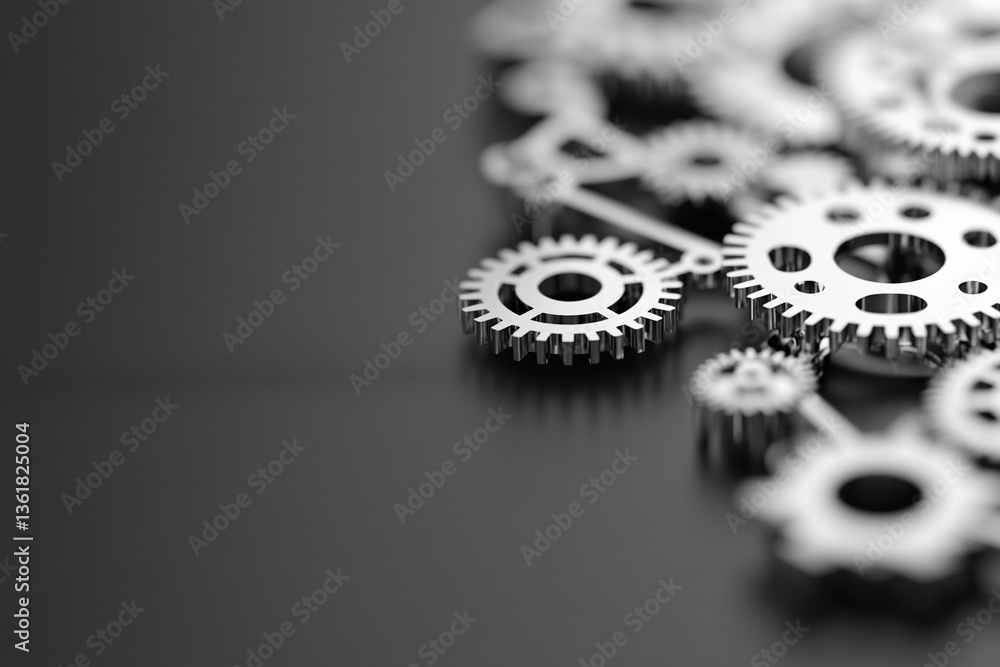 Aufkleber close-up view of interlocking steel gears in motion during engineering operation