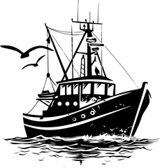 Black and White Fishing Vessel Illustration – Vintage Marine Silhouette