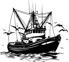 Black and White Fishing Vessel Illustration – Vintage Marine Silhouette