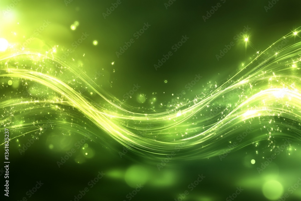 Poster Vibrant green abstract waves with sparkling effects creating a dynamic visual experience in an ethereal atmosphere