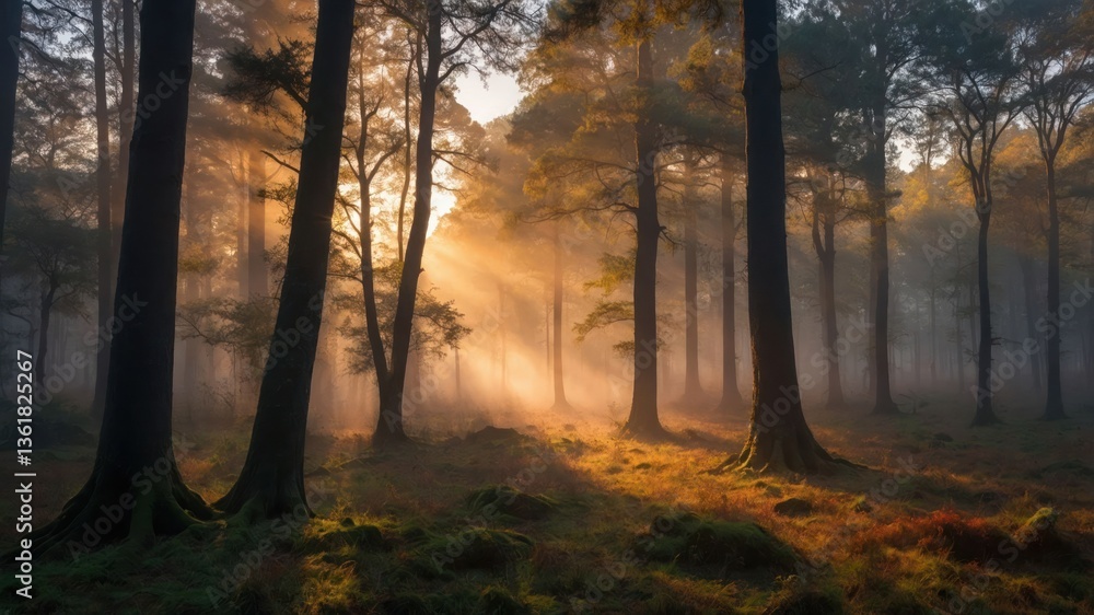Aufkleber a serene forest scene with sunlight filtering through trees, creating a mystical atmosphere.