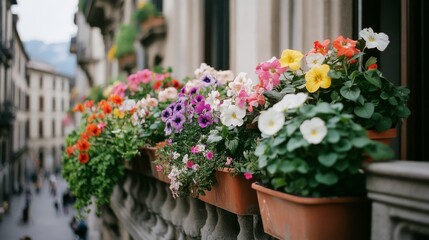 Fototapeta premium Colorful flower pots brimming with blooms on a sunlit balcony, exuding vibrant charm and urban nature.