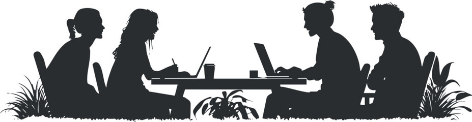 Silhouette of people having a casual meeting outdoors, ideal for teamwork themes.