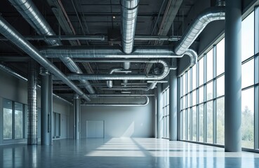 Metal air conditioning vent ducts pipes hang from ceiling in modern building. Industrial interior, metal equipment, technology climate control systems are installed for office, home, commercial space.