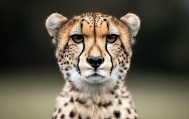 Close-up portrait of a cheetah, its intense gaze directed at the viewer.  The cheetah's spotted coat is sharply focused against a blurred dark green background. The lighting emphasizes the animal's