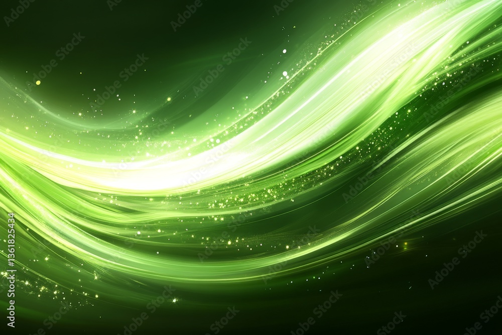 Poster Dynamic green light waves create an ethereal atmosphere in a digital art composition