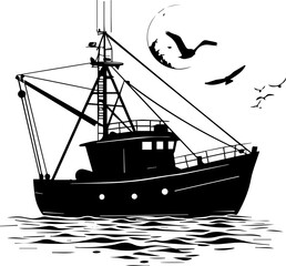 Black and White Fishing Vessel Illustration – Vintage Marine Silhouette