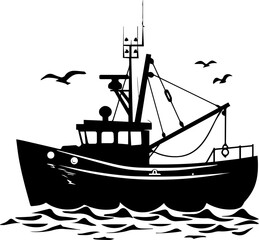 Black and White Fishing Vessel Illustration – Vintage Marine Silhouette
