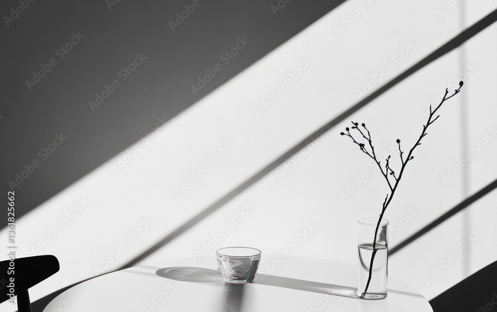 Poster a minimalist grayscale image depicts sunlight streaming through a window, casting strong diagonal sh