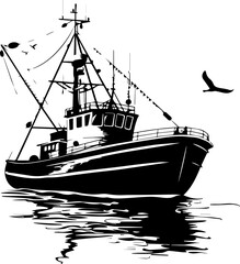 Black and White Fishing Vessel Illustration – Vintage Marine Silhouette