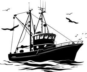 Black and White Fishing Vessel Illustration – Vintage Marine Silhouette