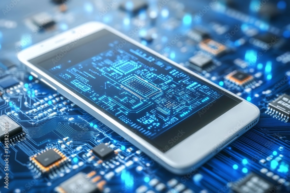 Fototapete Modern smartphone placed on a circuit board showcasing advanced technology and intricate designs in a high-tech environment