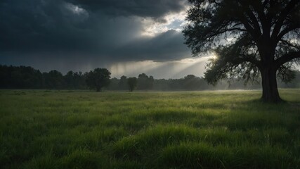 Obraz premium A serene landscape featuring a grassy field under dramatic stormy skies with sunlight breaking through.