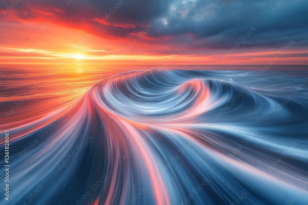 Poster Vibrant sunset over dynamic ocean waves creating stunning patterns at dusk